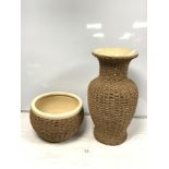 A WICKER COVERED CERAMIC VASE, 52 CMS AND A MATCHING JARDINIERE