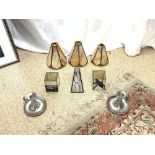 THREE TIFFANY STYLE LAMP SHADES AND TWO SQUARE VASES AND A PAIR OF CHAMBER STICKS