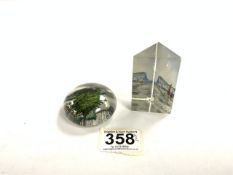 TWO VINTAGE GLASS PAPERWEIGHTS WITH SCENES, BEACHY HEAD AND TERMINAS ROAD EASTBOURNE