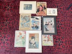 UNFRAMED WATERCOLOUR OF A WORCESTER JUG, AND UNFRAMED ORIENTAL STUDIES - OF FIGURES AND FLOWERS