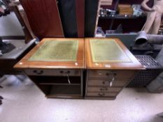TWO REPRODUCTION PIECES OF FURNITURE BOTH WITH GREEN LEATHER TOP, TWO DRAWERS AND ONE DRAWER UNIT