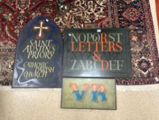 THREE REPRODUCTION WOODEN SIGNS, THE LARGEST 72 X 55CMS