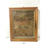 VICTORIAN MAPLE FRAMED SAMPLER BY ELIZA LUCAS AGED NINE YEARS. DATED 1853. 30 X 40CMS.