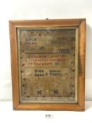 VICTORIAN MAPLE FRAMED SAMPLER BY ELIZA LUCAS AGED NINE YEARS. DATED 1853. 30 X 40CMS.