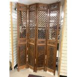 LARGE TEAK ORIENTAL STYLE FOUR FOLD SCREEN, 224 X 35CMS