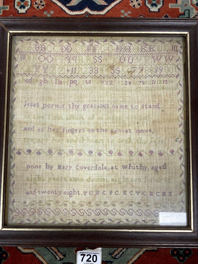 19TH CENTURY FRAMED SAMPLER - DONE BY MARY COVERDALE AT WHITBY, AGED 8 IN THE YEAR OF 1828, 30 X - Image 2 of 4