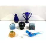 BLUE COBALT GLASS TWO HANDLE VASE BY MURANO 19.5CMS, BLUE COBALT MURANO JUG, 19CMS, A BLACK GLASS