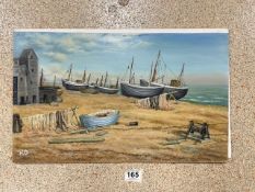 UNFRAMED OIL ON BOARD OF FISHING BOATS ON HASTINGS BEACH SIGNED ON REVERSE - H O'BRIAN, 50.5 X 30.