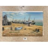 UNFRAMED OIL ON BOARD OF FISHING BOATS ON HASTINGS BEACH SIGNED ON REVERSE - H O'BRIAN, 50.5 X 30.