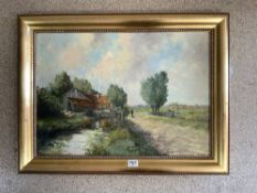 SIGNED OIL ON CANVAS FARM BY THE RIVER FRAMED, 82 X 62CMS