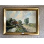 SIGNED OIL ON CANVAS FARM BY THE RIVER FRAMED, 82 X 62CMS