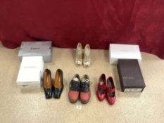 A PAIR OF KAREN MILLEN GOLD SANDLES SIZE 37, PAIR OF KURT GEIGER LADIES RED SHOES, SIZE 37, PAIR