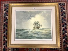 GILT FRAMED LIMITED EDITION PRINT - 'THE GALLANT MAYFLOWER' BY MONTAGUE DAWSON - SIGNED IN PENCIL BY