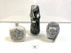 A WHITEFRIARS KNOBBLY GLASS VASE WILSON/DYER, 25.5CMS, AND A ROYAL COPENHAGEN FLOWER VASE, AND A