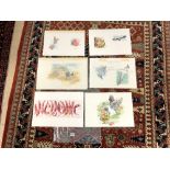 SIX UNFRAMED WATERCOLOUR SKETCHES OF BIRDS OSTRICH, EAGLES ETC AND UNFRAMED WATERCOLOUR SKETCH OF