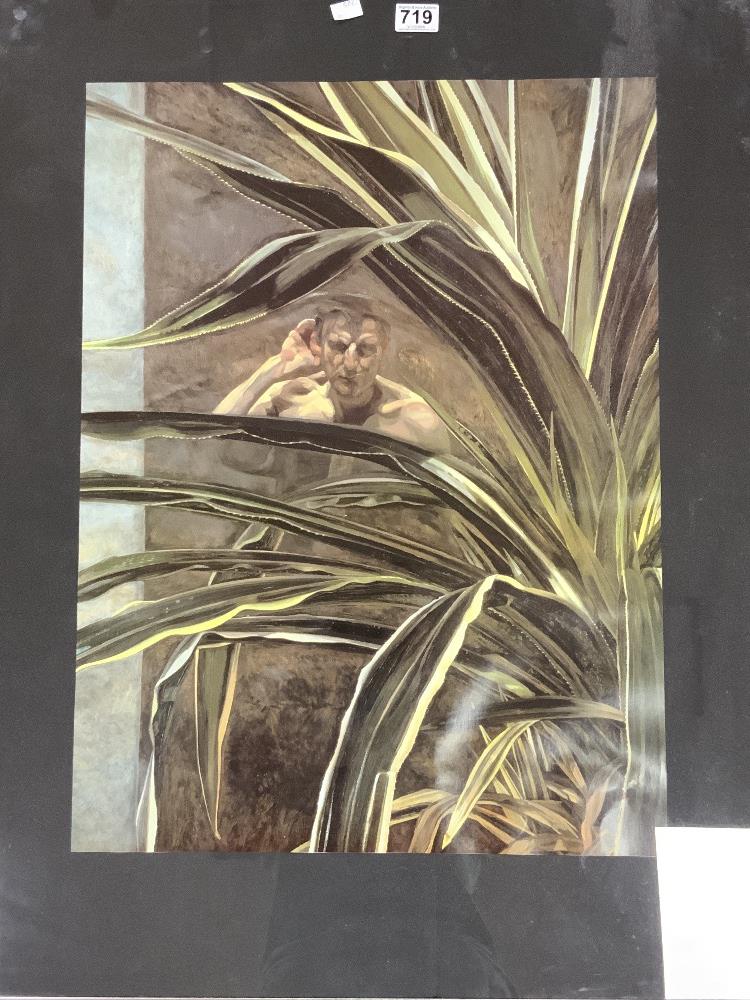 MODERN FRAMED PRINT OF A NUDE MAN BEHIND LEAVES, BY LUCIAN FREUD, 50 X 66CMS - Image 2 of 3