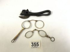 VINTAGE IRON BULLS HEAD CAN OPENER, AND TWO PAIRS OF LORNETTES