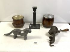 TWO OAK BISCUIT BARRELS, METAL DOG NUT CRACKERS, BRASS CANDLESTICK, AND IRON MINCER