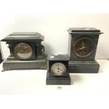 VICTORIAN FAUX MARBLE EFFECT MANTLE CLOCK AND TWO VICTORIAN BLACK SLATE MANTLE CLOCKS