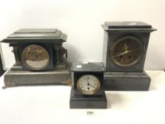 VICTORIAN FAUX MARBLE EFFECT MANTLE CLOCK AND TWO VICTORIAN BLACK SLATE MANTLE CLOCKS