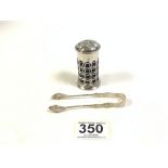 HALLMARKED SILVER CYLINDRICAL PEPPER-POT, 7CMS CHESTER, AND A PAIR OF HALLMARKED SILVER SUGAR TONGS,