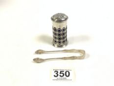 HALLMARKED SILVER CYLINDRICAL PEPPER-POT, 7CMS CHESTER, AND A PAIR OF HALLMARKED SILVER SUGAR TONGS,