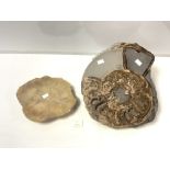 LARGE NATURAL AMMONITE 31 X 38CMS, AND A PIECE OF ALABASTER