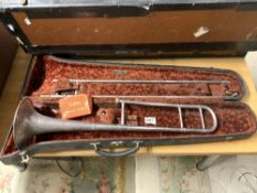 A VINTAGE SILVER-PLATED TROMBONE IN FITTED CASE - MADE BY BESSON & CO LONDON, CLASS A NEW STANDARD