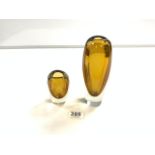 TWO SIGNED KAJ FRANCK - NUUTAJARVI NOTSJO AMBER GLASS 1960S VASES, 19.5CMS