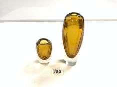 TWO SIGNED KAJ FRANCK - NUUTAJARVI NOTSJO AMBER GLASS 1960S VASES, 19.5CMS
