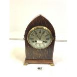 FRENCH MOVEMENT LANCET TOP OAK MANTEL CLOCK BRASS FEET AND BRASS HANDLES, 30CMS