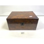 VICTORIAN BURR WALNUT RECTANGULAR WRITING SLOPE WITH CHEQUER INLAID BORDERS, 30CM