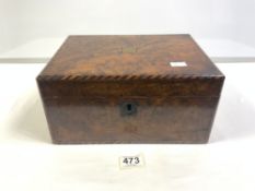 VICTORIAN BURR WALNUT RECTANGULAR WRITING SLOPE WITH CHEQUER INLAID BORDERS, 30CM