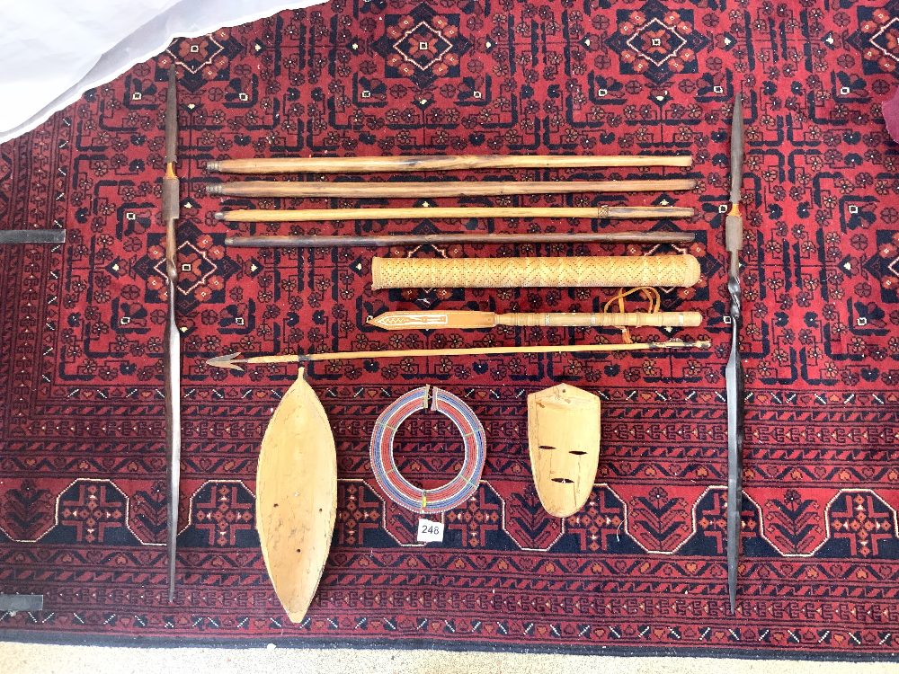 TWO WOODEN TRIBAL MASKS, A BEARDED NECK PIECE, SPEARS AND STICKS - Image 7 of 7