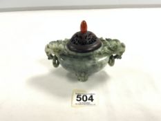 VINTAGE CHINESE CARVED JADE CENSOR WITH FOO DOGS AND RINGS DECORATION WITH A PIERCED HARDWOOD COVER,