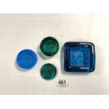 ERIC HOGLUND - FOUR BLUE GLASS EMBOSSED PAPERWEIGHTS