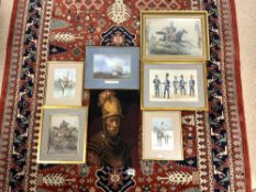 FIVE MILITARY-RELATED PRINTS AND A TAPESTRY SOLDIER PORTRAIT