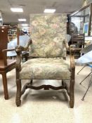 VINTAGE TAPESTRY ARMCHAIR WITH CARVED LION HEADS ON THE ARMS