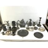 A KAYSERZINN PEWTER DUCK FORM WATER JUG, ANTIQUE PEWTER PLATES, TANKARDS, TEA POT, AND PEWTER