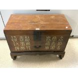 EARLY 20TH CENTURY CHINESE STAINED PINE BLANKET BOX WITH CHARACTER MARKS DECORATION TO THE FRONT