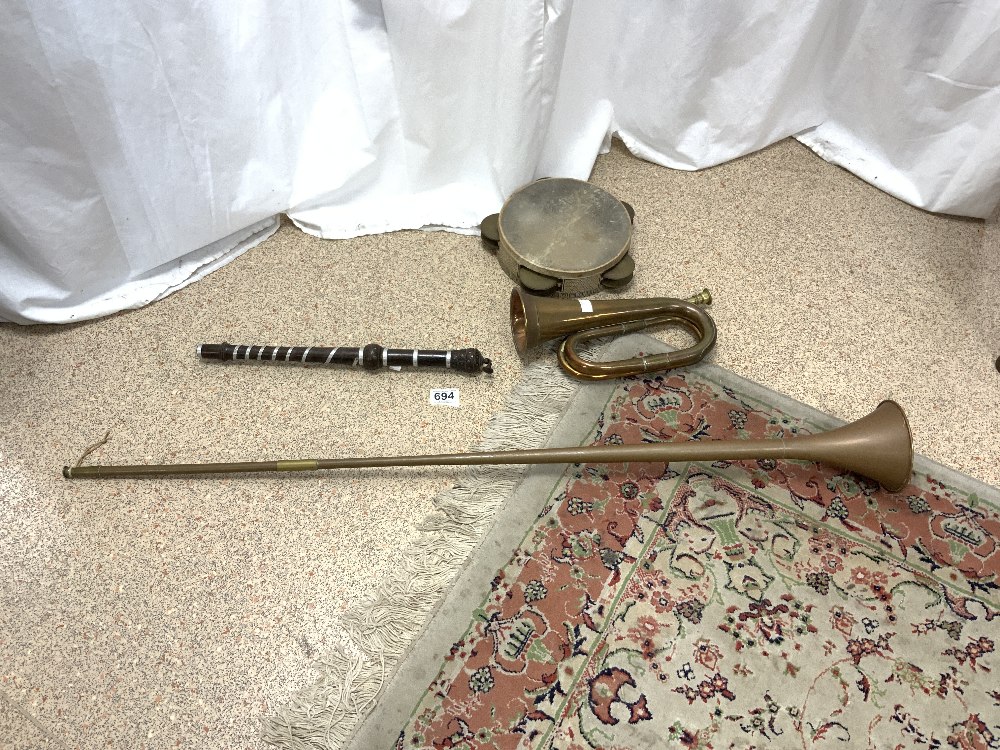 A VINTAGE COPPER AND BRASS BUGLE, A VINTAGE COPPER HUNTING HORN, A HANDMADE WOODEN FLUTE, AND A - Image 3 of 4