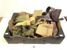 A BROWN LEATHER SAM BROWN BELT, AND MILITARY POUCHES, BELTS, HAT ETC