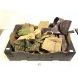 A BROWN LEATHER SAM BROWN BELT, AND MILITARY POUCHES, BELTS, HAT ETC