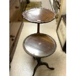 MAHOGANY SNAP TOP PIE CRUST EDGE OCCASIONAL TABLE ON TRIPOD LEGS AND A CIRCULAR MAHOGANY WINE