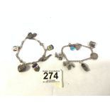 TWO SMALL SILVER CHARM BRACELETS (10 CHARMS), 37 GRAMS