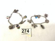 TWO SMALL SILVER CHARM BRACELETS (10 CHARMS), 37 GRAMS