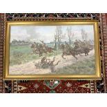 LARGE OIL ON CANVAS OF A 1ST WORLD WAR FRENCH CAVALRY CHARGE - SIGNED MESJAJASZ 1984, IN MODERN GILT