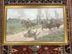 LARGE OIL ON CANVAS OF A 1ST WORLD WAR FRENCH CAVALRY CHARGE - SIGNED MESJAJASZ 1984, IN MODERN GILT