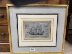 VICTOR FRACCA, PEN AND INK DRAWING (AMERICAN WARSHIP) 1971 FRAMED AND GLAZED, 48 X 43CMS