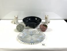 TWO MILLEFIORI GLASS APPLE SHAPE PAPERWEIGHTS, TWO VICTORIAN PRESSED GLASS PLATES, AND A PAIR OF